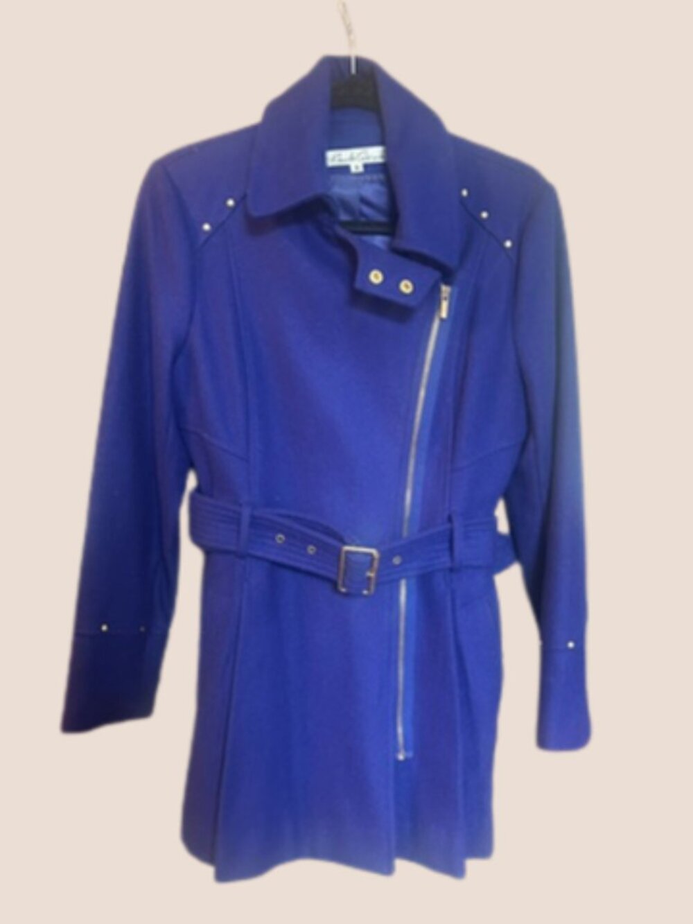 Kenneth Cole Size 6 Cobalt Blue Belted Wool Blend Coat Gold Hardware
